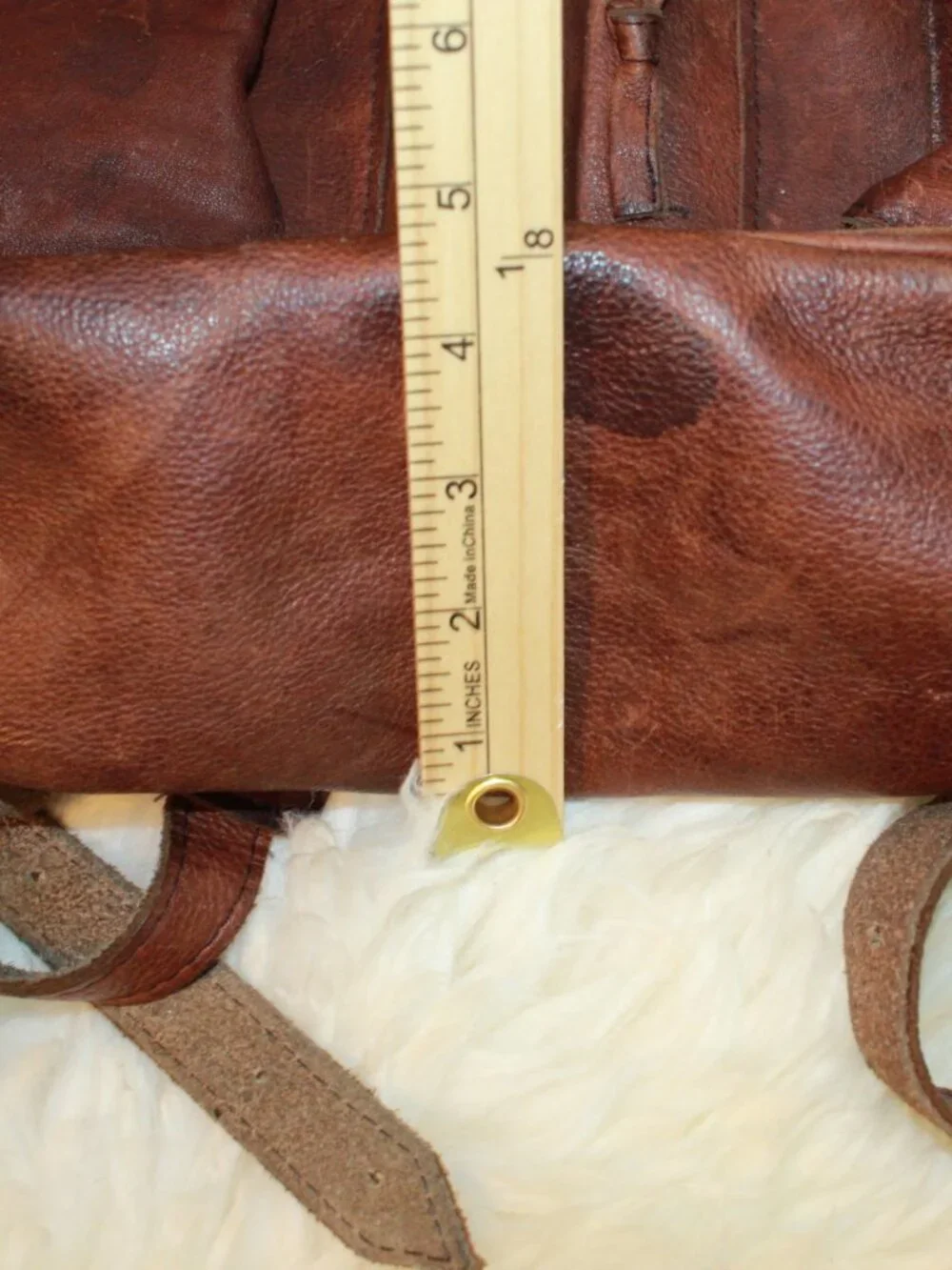 Vintage Brown Smooth Leather Drawstring Flap Close Unlined Rucksack Backpack